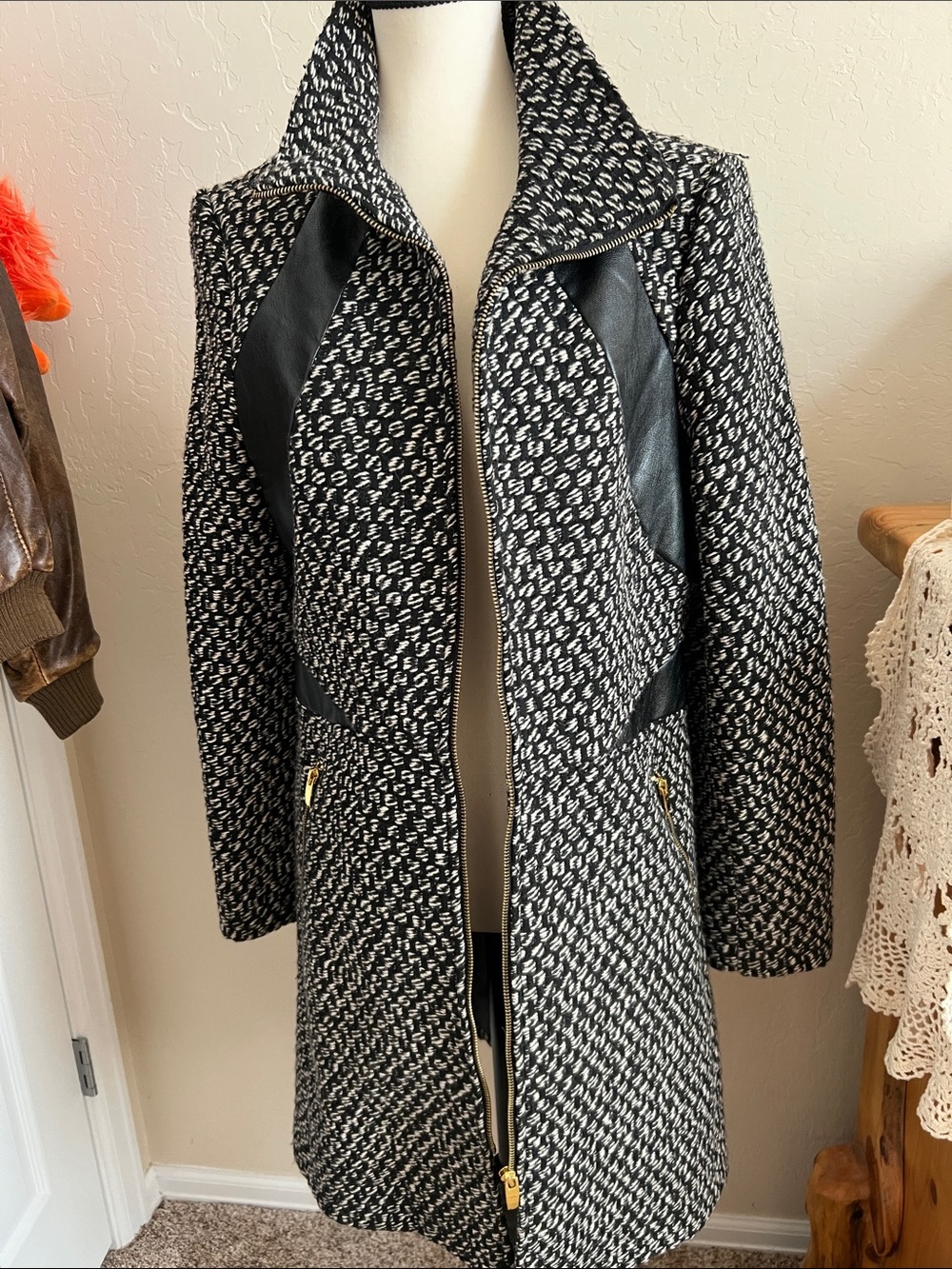 Black & White Tweed Zip-Front Trench Coat with Faux-Leather Trim